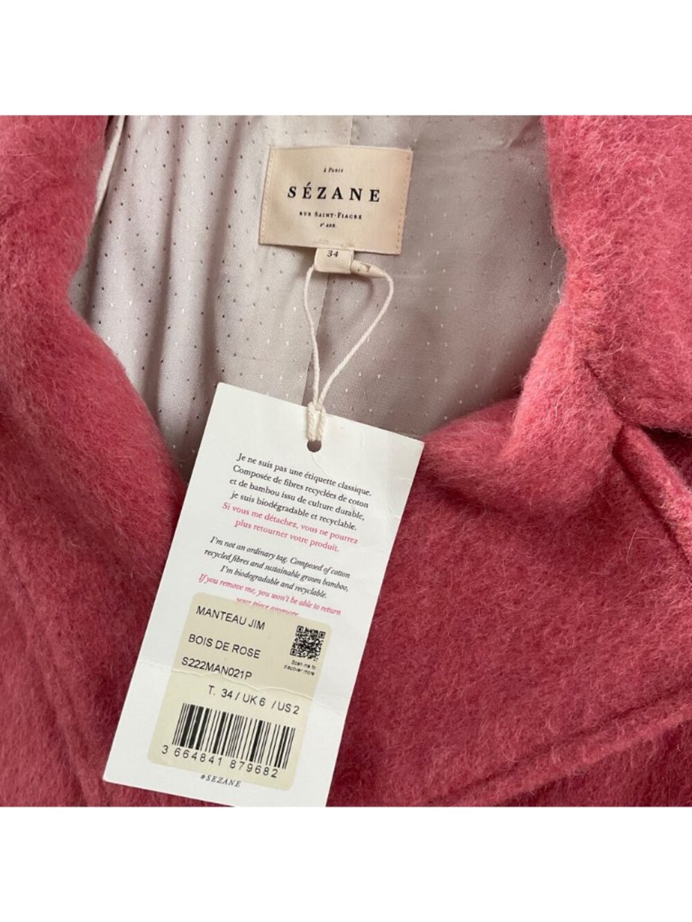 NWT SEZANE JIM COAT Rosewood dark pink wool oversized SZ34 US2 bust39 - Picture 4 of 8